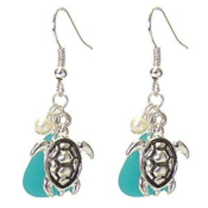 Sea Glass Faux Pearl Turtle Hook Earrings